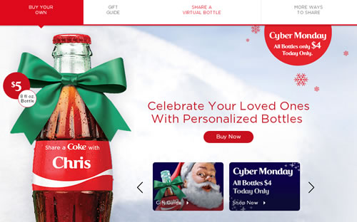 Coca-Cola US has launched a Christmas “Share a Coke” campaign; consumers can order bottle with seasonal names and messages like “Santa,” “Someone Nice,” “Someone Naughty,” “Under the Mistletoe,” “Elves” and “Secret Santa.”