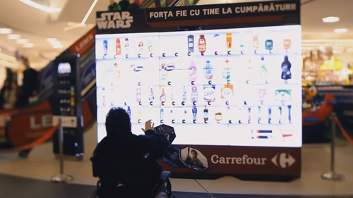 For the Romanian cinema release of Star Wars "The Force Awakens", supermarket Carrefour Romania put interactive billboards into outlets letting customers use Jedi-like gestures to buy products.