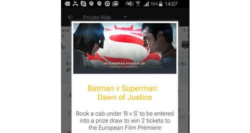 Taxi app Gett has linked with Warner Bros. Pictures UK for a promotion offering tickets to the London premiere of Batman V Superman: Dawn Of Justice.