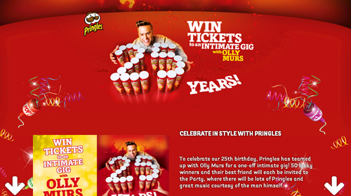 Pringles is celebrating its 25th birthday with a promotion offering the chance to win tickets to an exclusive London live gig with singer Olly Murs in May.