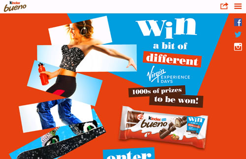 Kinder Bueno is offering purchasers the chance to win £100 Virgin Experience Days cards in its ‘Win a Bit of Different’ on-pack promotion.