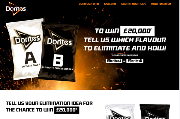 Doritos' new flavour campaign offers the chance to win £20,000 by voting to eliminate one of two new flavours – Sizzling Salsa or Ultimate Cheeseburger.
