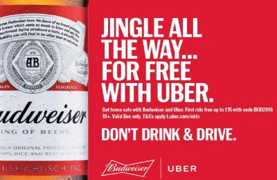 In its biggest ever UK responsible drinking campaign, Budweiser has launched a partnership with Uber to offer free rides to all its new users throughout December – helping people plan ahead for their Christmas journeys home.