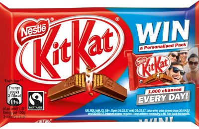 Nestlé Confectionery is offering consumers the chance to win KitKat packs with personalised messages and pictures. The promotion runs from February 1st until March 29th across KitKat 4 Finger and Chunky singles, multipacks and 2 Finger biscuit packs.