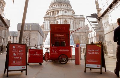 In a new twist on its #feedingthefuture campaign, The Economist is encouraging Londoners to try free nutritious soup made from vegetables destined for the rubbish bin. Engaging with people through a branded mobile trike, the iconic newspaper is showing people that ugly, discoloured or misshapen produce, which is rejected by supermarkets can still be eaten and tastes great.