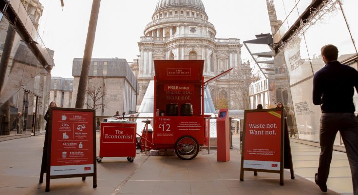 In a new twist on its #feedingthefuture campaign, The Economist is encouraging Londoners to try free nutritious soup made from vegetables destined for the rubbish bin. Engaging with people through a branded mobile trike, the iconic newspaper is showing people that ugly, discoloured or misshapen produce, which is rejected by supermarkets can still be eaten and tastes great.