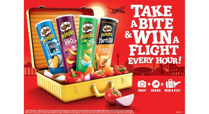 Kelloggs-owned savoury snack brand Pringles is running a promotion offering consumers the chance to win £300 in free flights to European destinations every hour, by posting pictures of themselves taking a bite of a Pringles chip to social media.