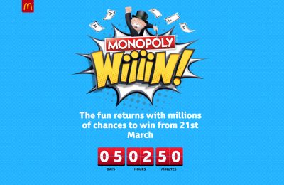 McDonald’s launches McDonald’s Monopoly Wiiiin, the latest version of its annual Monopoly promotion, on March 21st 2018. The promotion ends May 1st 2018.