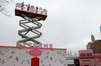 Benefit Cosmetics ran an activation at London’s Southbank Centre earlier this week featuring an Extreme Brow Bar – a cosmetics counter experience on a scissor lift truck which gave consumers the chance of a complementary brow wax, style and pamper brow 65 feet up in the air, with views over the River Thames and London skyline.