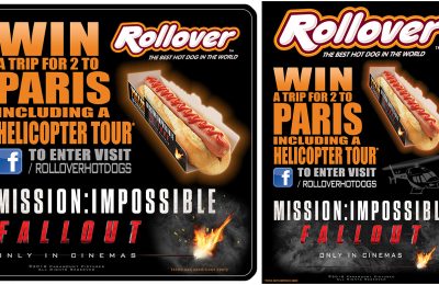 Rollover Hot Dogs is partnering with Mission: Impossible Fall Out, the sixth film in the Mission: Impossible series (in UK cinemas 25th July) with a competition to win a romantic trip for two to Paris, including a helicopter tour from Paris to Versailles.